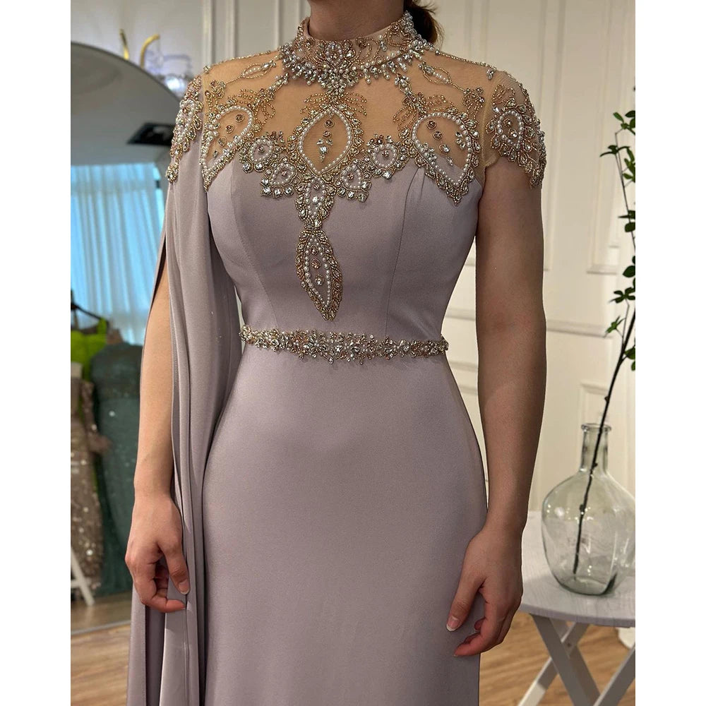 Vestidos de Noche de sirena con manga de capa y cuello alto de color marfil, vestidos elegantes con cuentas para mujer, fiesta de boda