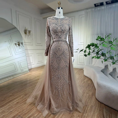 Silver Nude Mermaid Over Skirt Beaded Luxury Evening Dress