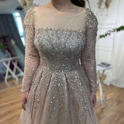 Modest Pink A-Line Beaded Luxury Evening Dress