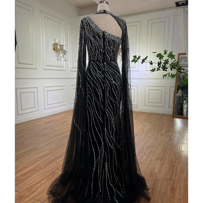 Black Mermaid Evening Gown with Elegant Cape Sleeves