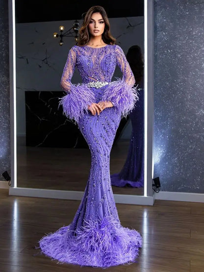 Elegant Mermaid Evening Dress Arabic Purple Beaded Feathers | Luxury Gown for Women's Wedding Party 2024