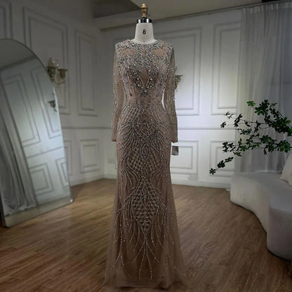 Silver Nude Mermaid Over Skirt Beaded Luxury Evening Dress