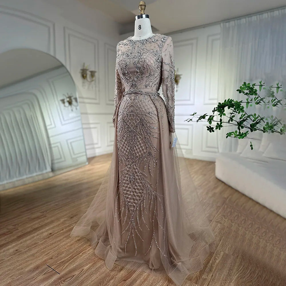 Silver Nude Mermaid Over Skirt Beaded Luxury Evening Dress