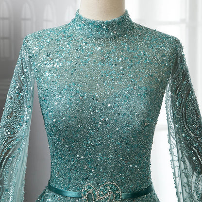 Blue A-Line Evening Dress with High-End Beaded Cape Sleeves