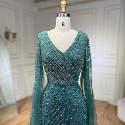 Vestido de noche de lujo con mangas de capa elegante con cuentas azules de sirena árabe para mujer fiesta de boda