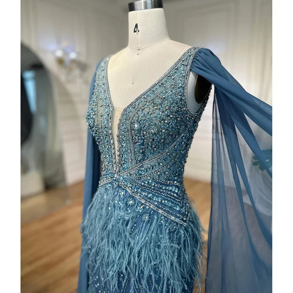 Arabic Blue Mermaid Evening Gown with Cape and Feather Beading