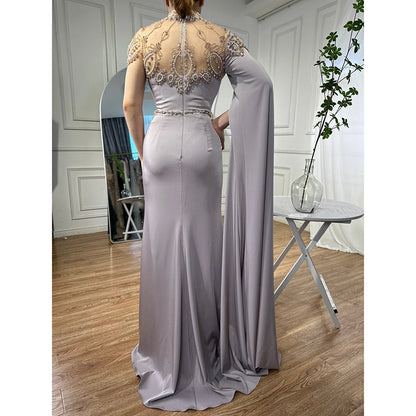 Ivory High Neck Cape Sleeve Mermaid Evening Dresses Beaded Elegant Gowns