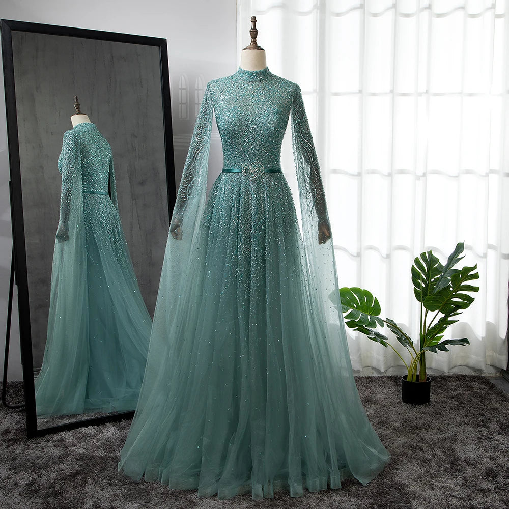 Blue A-Line Evening Dress with High-End Beaded Cape Sleeves