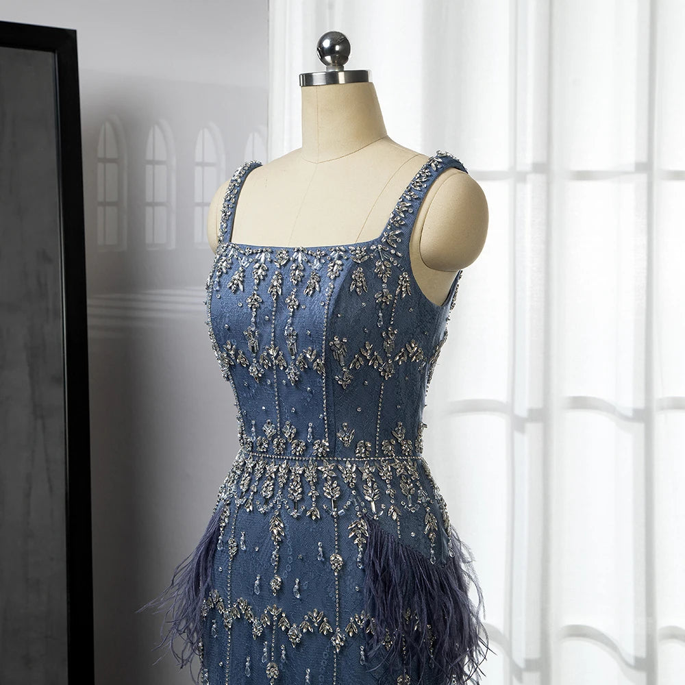 Blue Lace Midi Evening Dress with Luxury Crystal Feathers