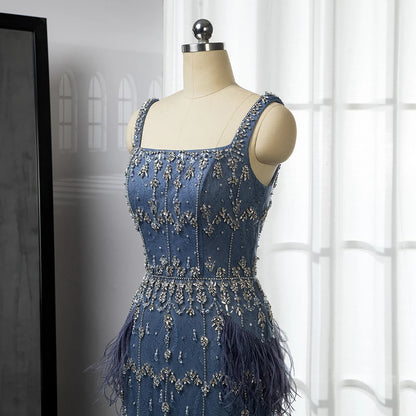 Blue Lace Midi Evening Dress with Luxury Crystal Feathers