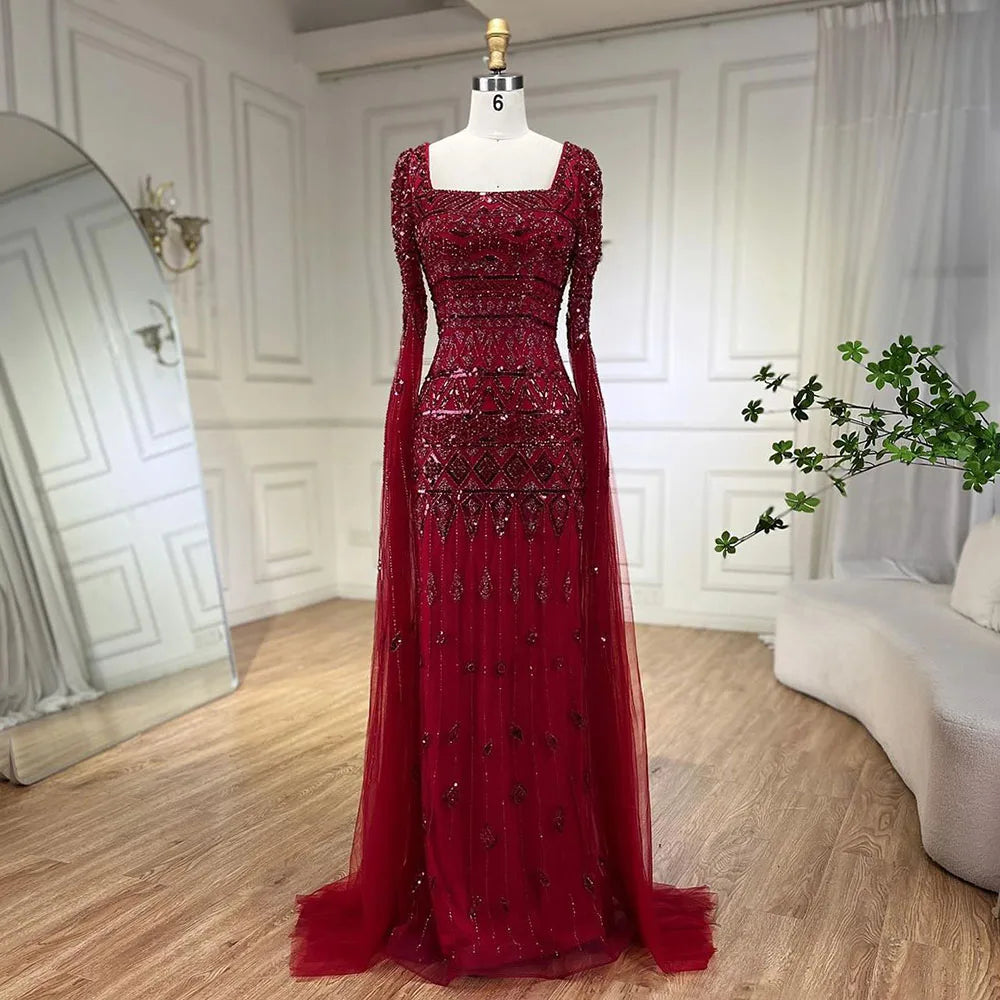 Beaded Cape Sleeves Design Mermaid Long Evening Dresses Gowns