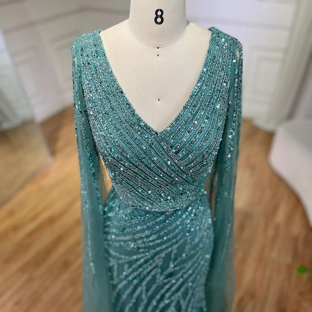 Vestido de noche de lujo con mangas de capa elegante con cuentas azules de sirena árabe para mujer fiesta de boda