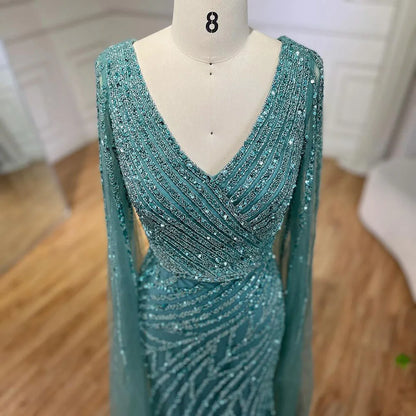 Vestido de noche de lujo con mangas de capa elegante con cuentas azules de sirena árabe para mujer fiesta de boda