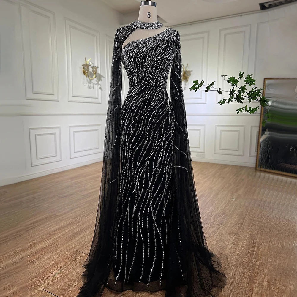 Black Mermaid Evening Gown with Elegant Cape Sleeves