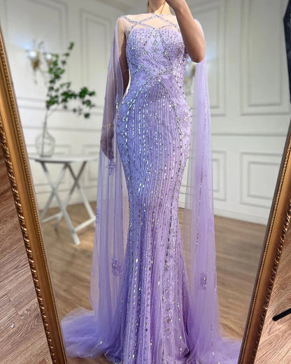 Arabic Luxury Dubai Blue Mermaid Evening Gown with Cape Sleeves