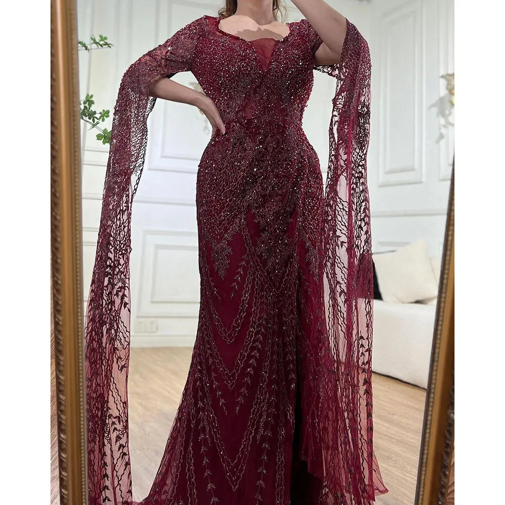 Luxury Cape Sleeve Evening Dresses Gowns Beaded Mermaid Elegant Up