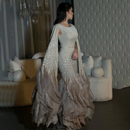 Arabic Nude Mermaid: Exquisite Cape Sleeves Luxury Evening Gown