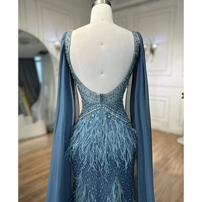 Arabic Blue Mermaid Evening Gown with Cape and Feather Beading