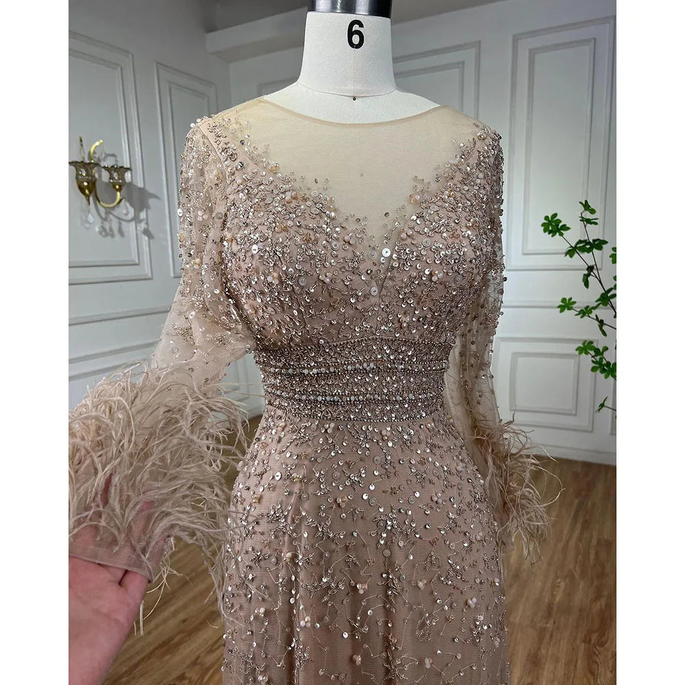 Elegant Nude Dubai Luxury Beaded Feather Evening Gown