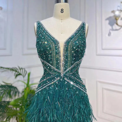 Arabic Blue Mermaid Evening Gown with Cape and Feather Beading