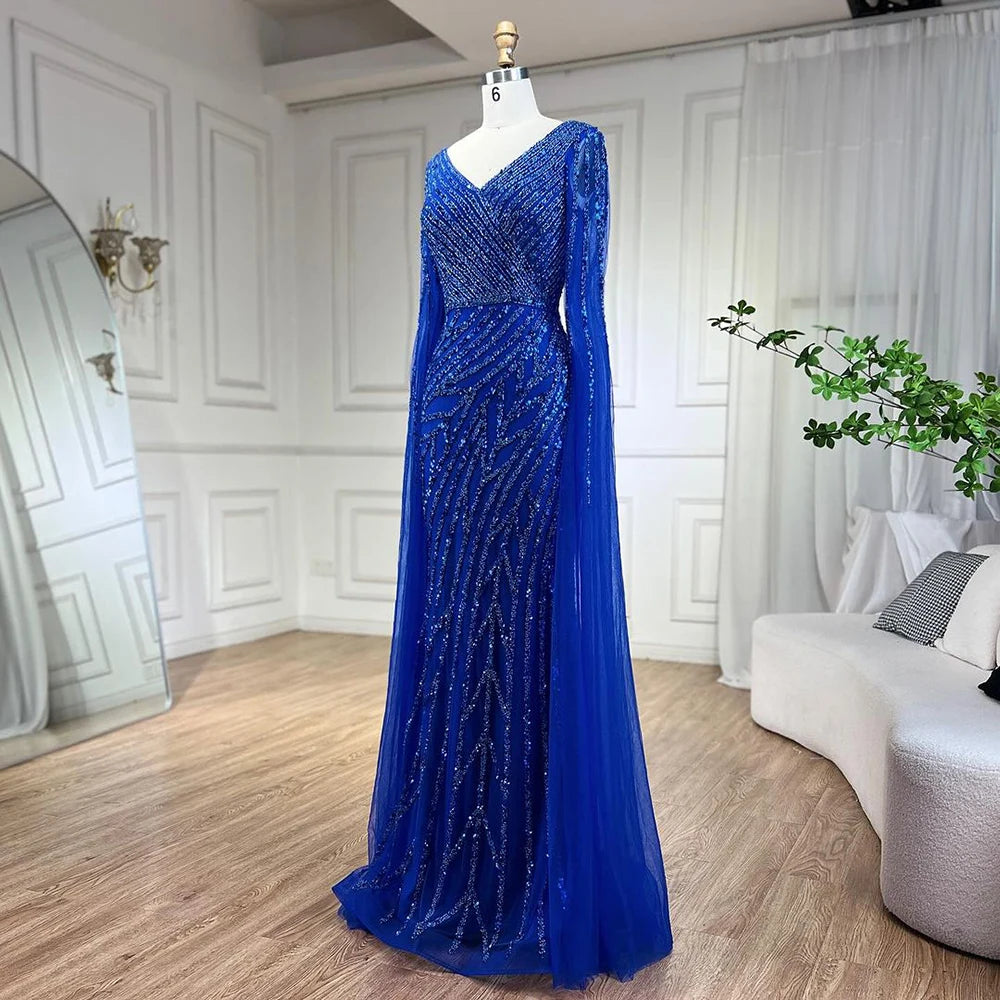 Vestido de noche de lujo con mangas de capa elegante con cuentas azules de sirena árabe para mujer fiesta de boda