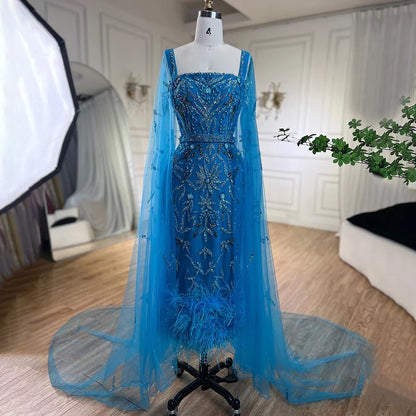 Blue Mermaid Ankle-Length Feather Beaded Evening Dress with Cape