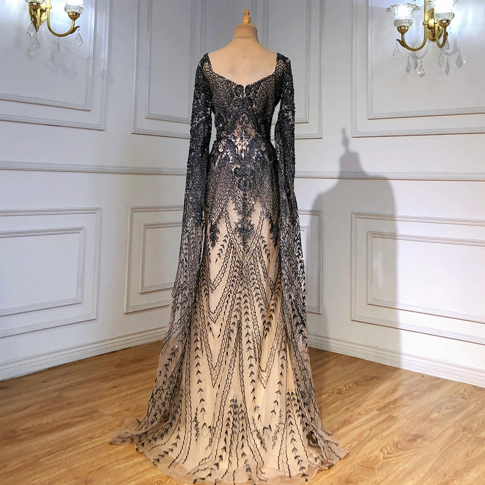 Luxury Cape Sleeve Evening Dresses Gowns Beaded Mermaid Elegant Up