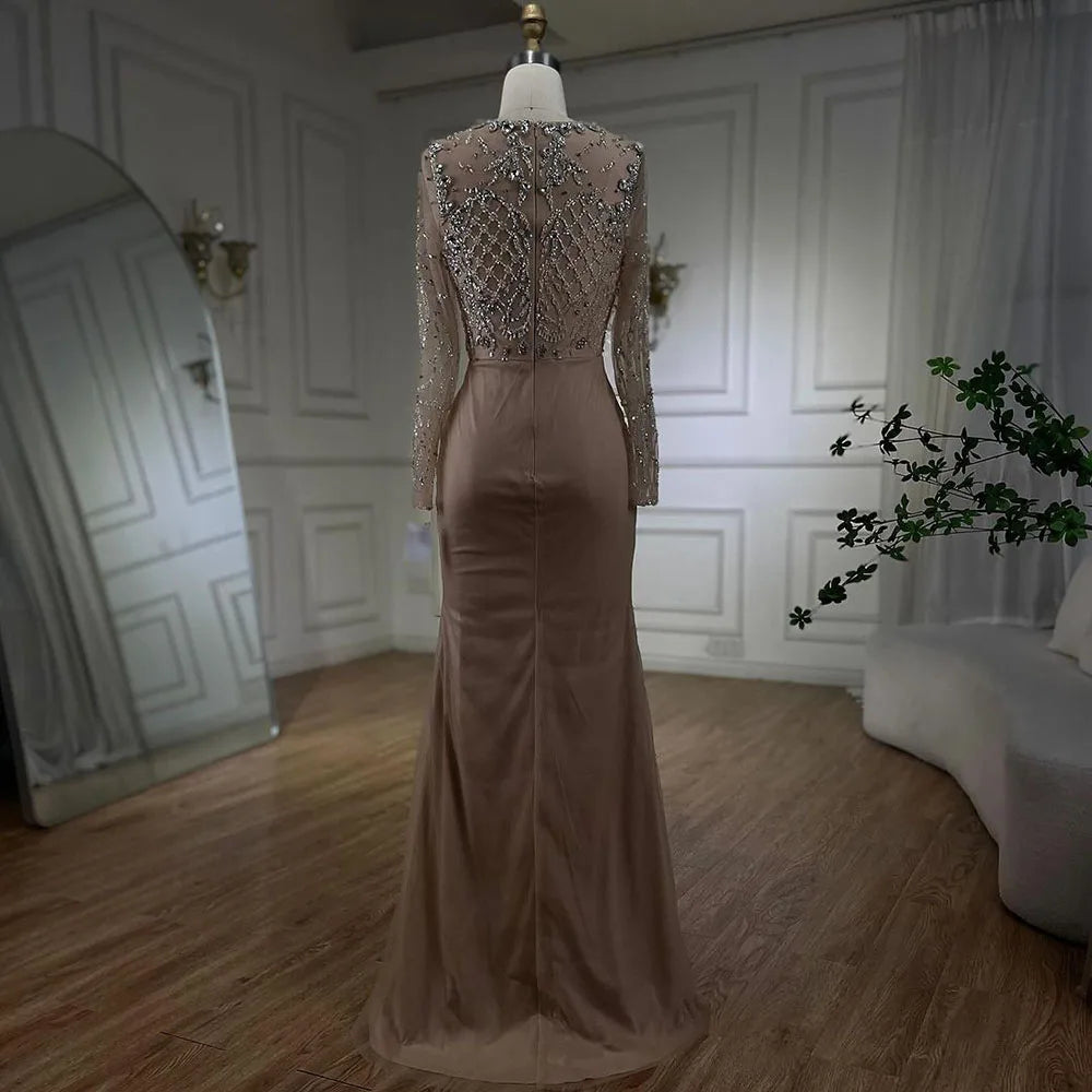 Vestido de noche de lujo con cuentas y falda sobre sirena desnuda plateada SA71919