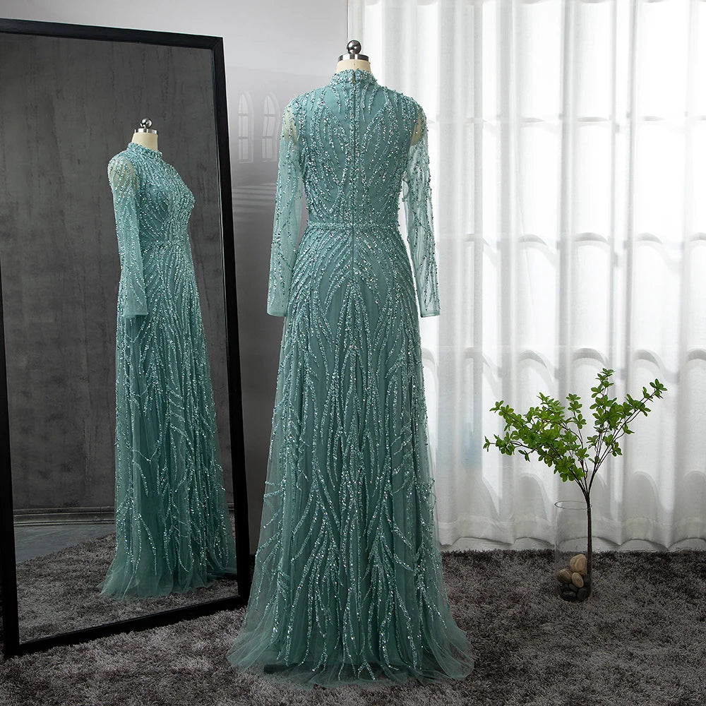 Modest Gold Mermaid Elegant Luxury Evening Dresses Gowns High Neck Beaded