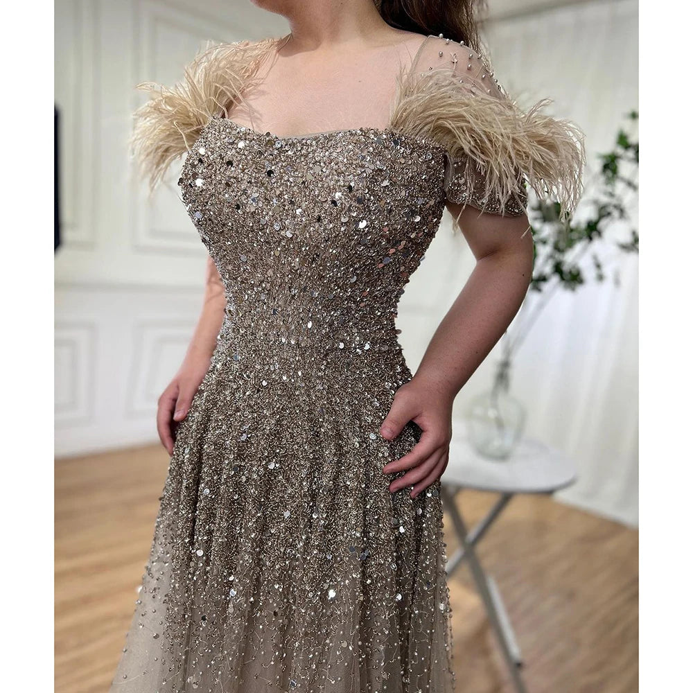 Luxury Caramel A-Line Evening Gown with Feather Beading