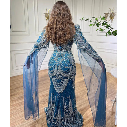 Vestidos de noche formales con cuentas de encaje de sirena azul árabe con capa para mujer vestidos de fiesta de graduación de boda