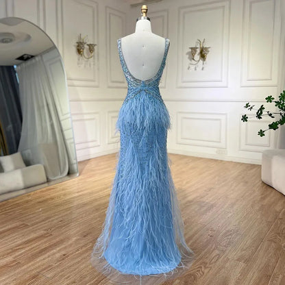 Arabic Blue Mermaid Evening Gown with Cape and Feather Beading