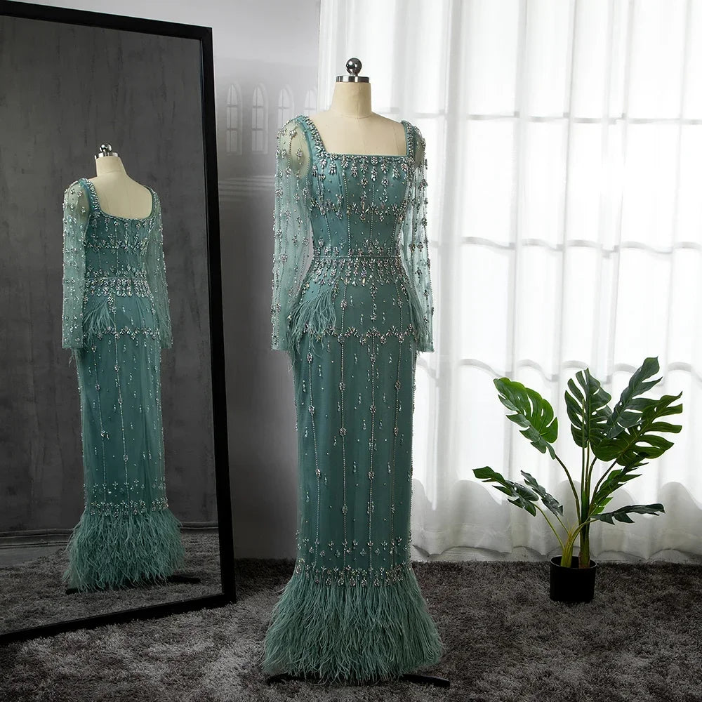 Modest Turquoise Mermaid Elegant Evening Dresses Gowns Luxury Beaded Feather