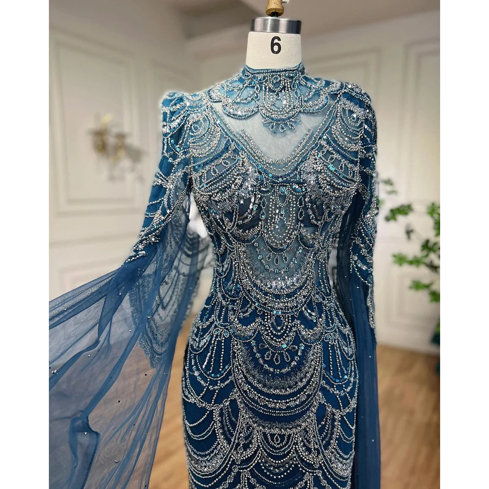 Vestidos de noche formales con cuentas de encaje de sirena azul árabe con capa para mujer vestidos de fiesta de graduación de boda