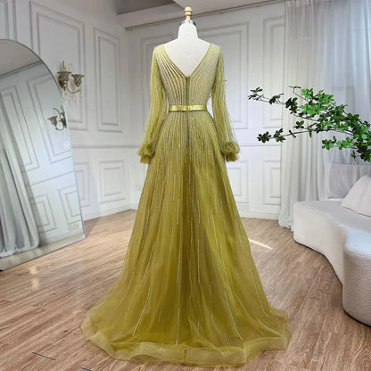 Golden Sands: Arabic Yellow A-Line Beaded Luxury Evening Dress