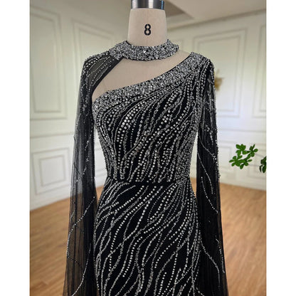 Black Mermaid Evening Gown with Elegant Cape Sleeves