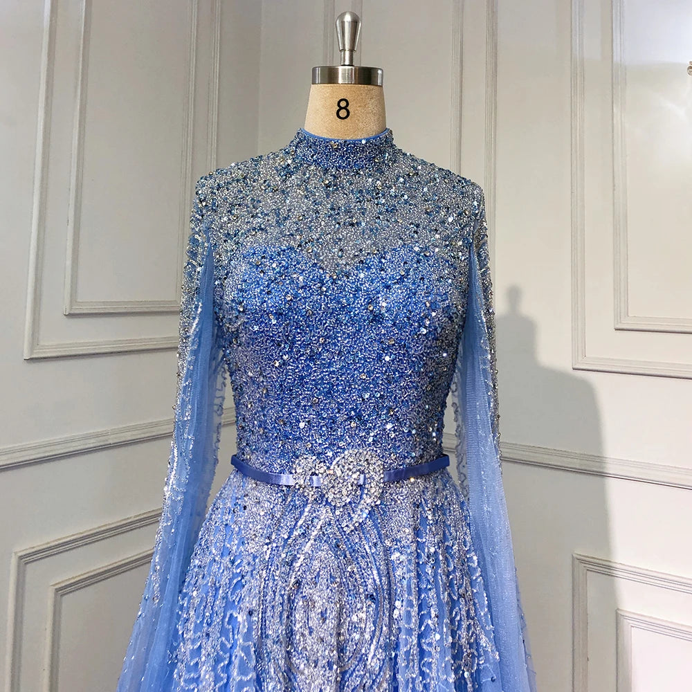 Blue A-Line Evening Dress with High-End Beaded Cape Sleeves