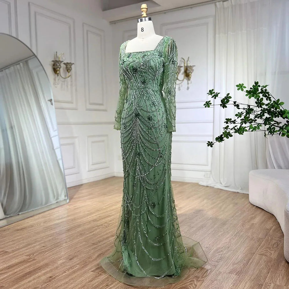 Luxury Dubai-Style Green Mermaid Evening Dress with Crystal Beading