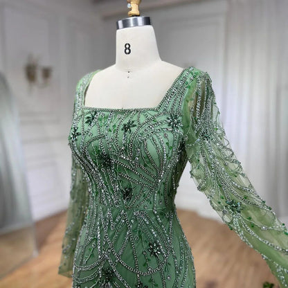 Luxury Dubai-Style Green Mermaid Evening Dress with Crystal Beading