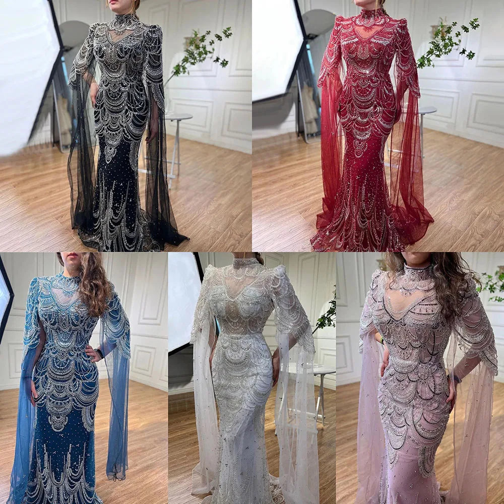 Vestidos de noche formales con cuentas de encaje de sirena azul árabe con capa para mujer vestidos de fiesta de graduación de boda