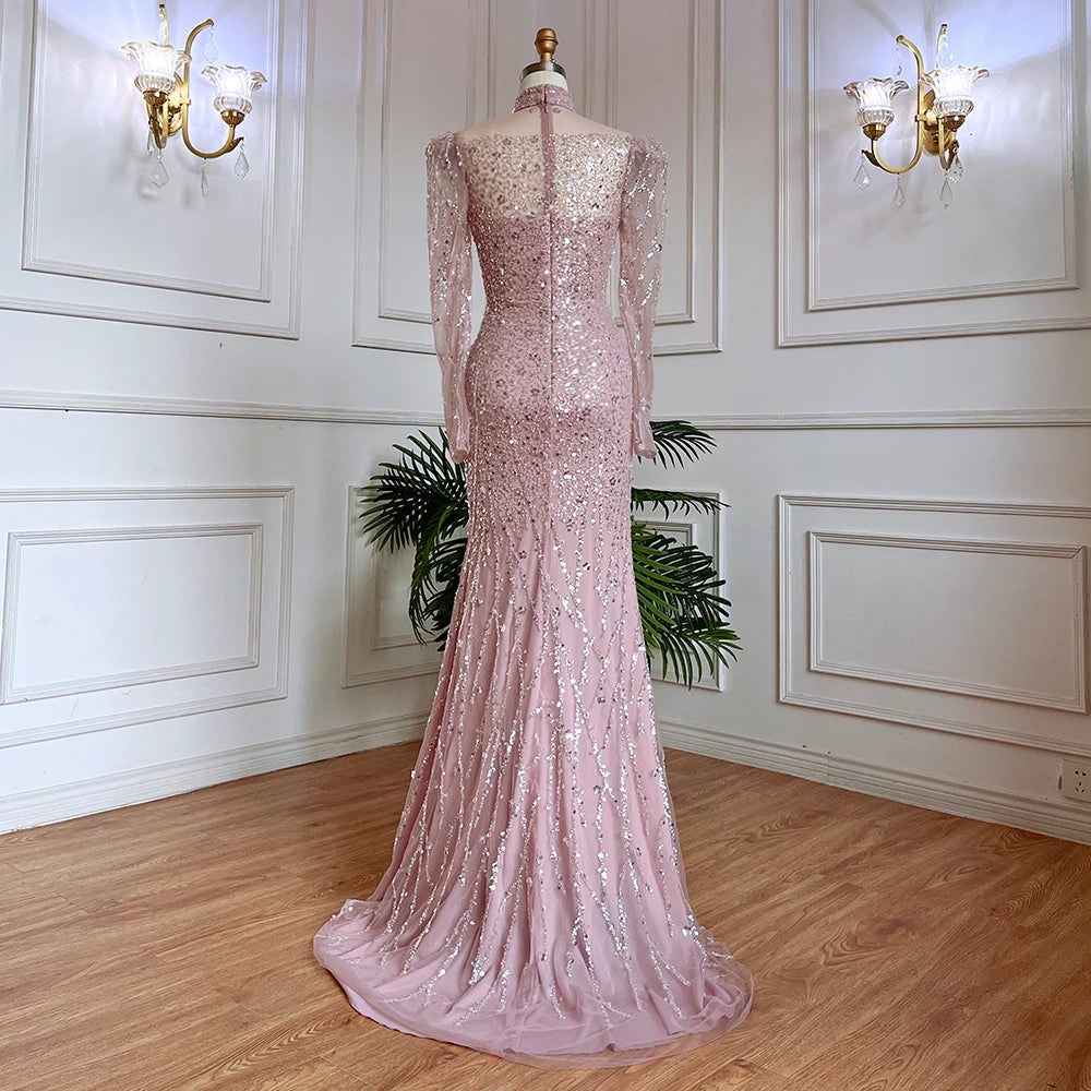 Modest Pink Long Sleeve High Neck Luxury Sequined Mermaid Evening Dresses Gowns Elegant