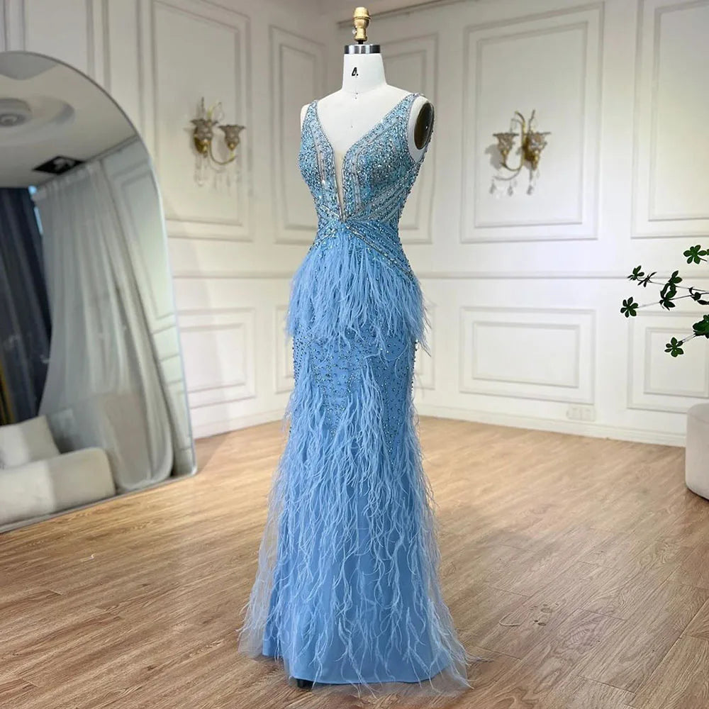 Arabic Blue Mermaid Evening Gown with Cape and Feather Beading