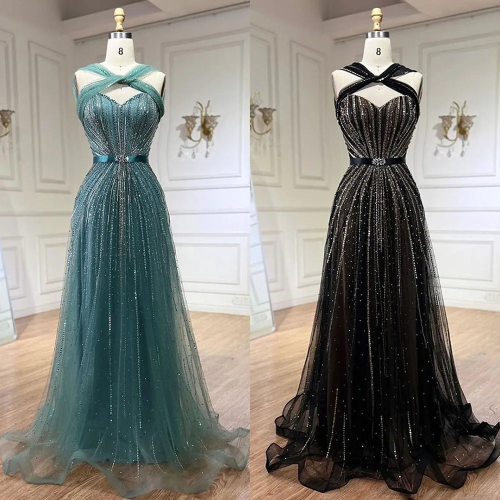 Turquoise Spaghetti Strap A-Line Luxury Evening Gown