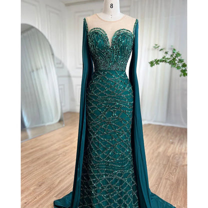 Cape Sleeves Luxury Evening Dresses Gowns Mermaid Beaded Elegant