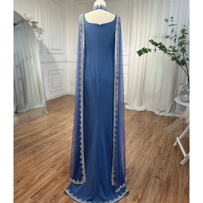 Blue Cape Sleeves Luxury Evening Dresses Gowns Mermaid Beaded Elegant