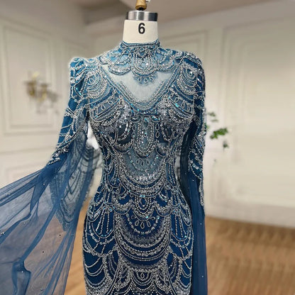 Vestidos de noche formales con cuentas de encaje de sirena azul árabe con capa para mujer vestidos de fiesta de graduación de boda