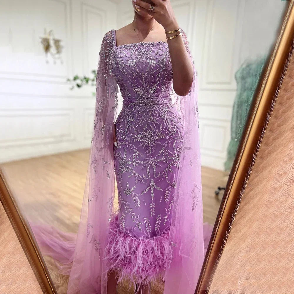 Elegant Lilac Mermaid Ankle-Length Midi Evening Dress with Feather Cape