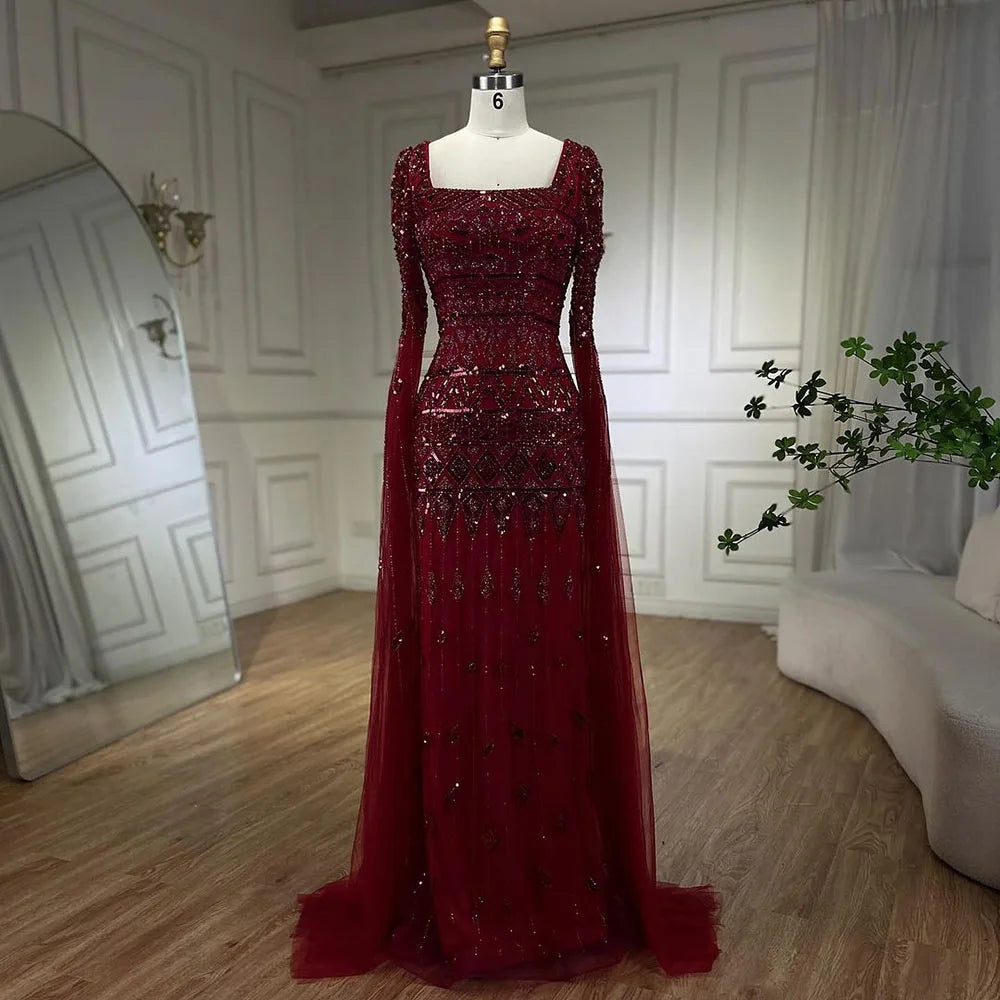 Beaded Cape Sleeves Design Mermaid Long Evening Dresses Gowns