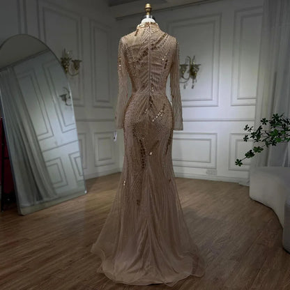 Gowns Nude Illusion Pearls Beaded Feathers Mermaid Long Evening Dress