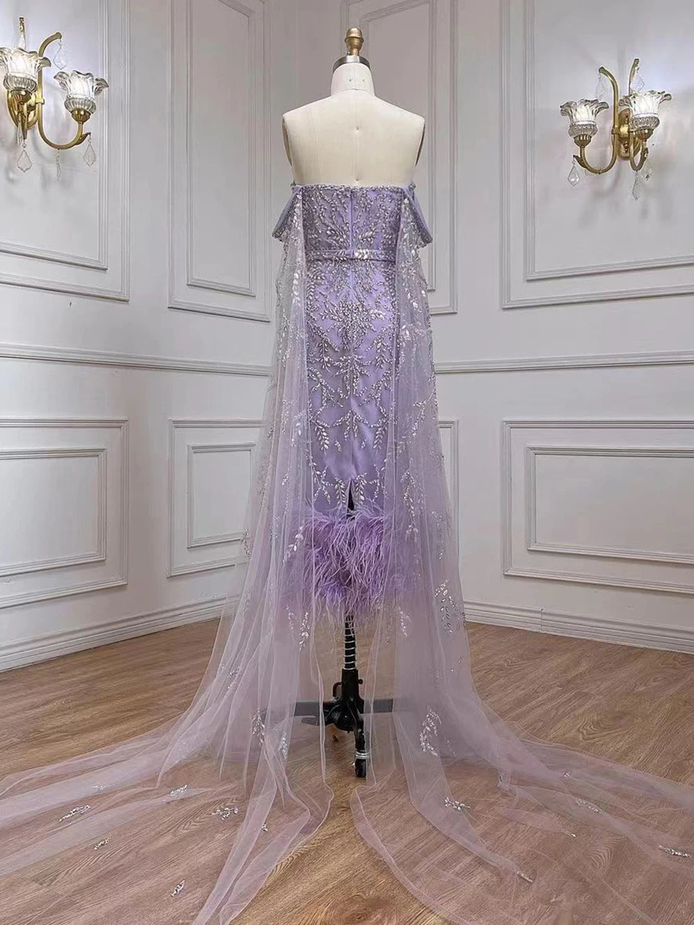 Elegant Lilac Mermaid Ankle-Length Midi Evening Dress with Feather Cape